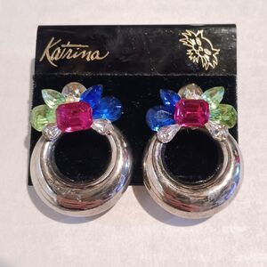 Vintage Katrina Silver Tone Door Knockers Earrings-Rhinestones-Pierced Ears-NEW